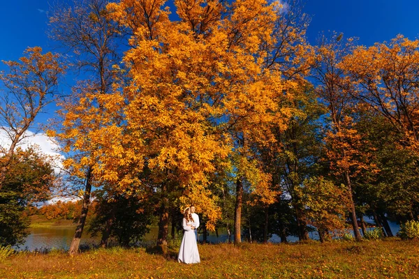 晴れた日に美しい湖の背景に黄色の葉のある木下愛のカップルに立つ — ストック写真