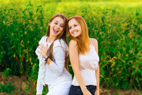 Belle Ragazze Stanno Divertendo Natura Piedi Spalla Spalla Sorridendo — Foto Stock