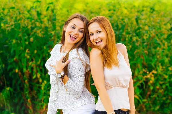 Kim bir fotoğrafçı yüksek yeşil çim zemin üzerine poz en iyi arkadaşlarından samimi gülümsüyor