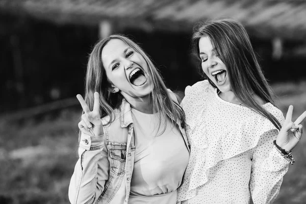 Meninas Abraçadas Mostrar Caretas Sinal Seus Dedos Fotografia Preto Branco — Fotografia de Stock