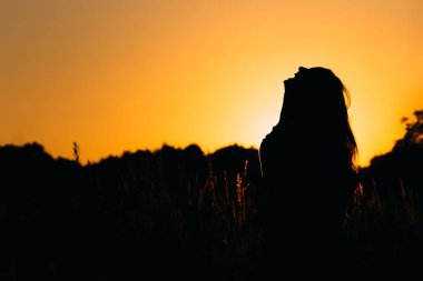Gülen içinde akşam gökyüzü arka plan üzerinde yüksek otların arasında bir kız silüeti