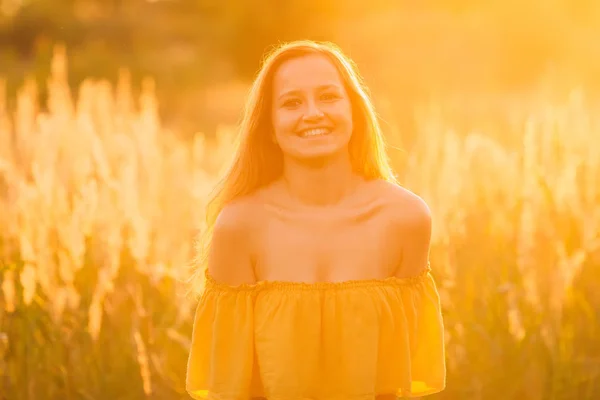 Ein Schönes Mädchen Einem Stylischen Sommerkleid Steht Hohen Gras Und — Stockfoto