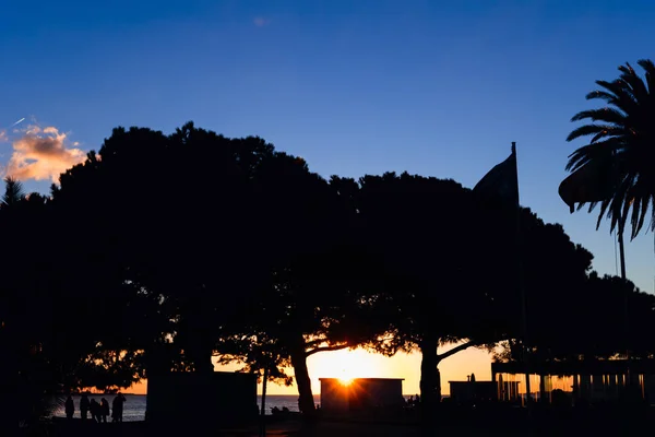 Lizbona Portugalia Stycznia 2018 Sylwetki Drzew Budynków Ludzi Nad Brzegiem — Zdjęcie stockowe