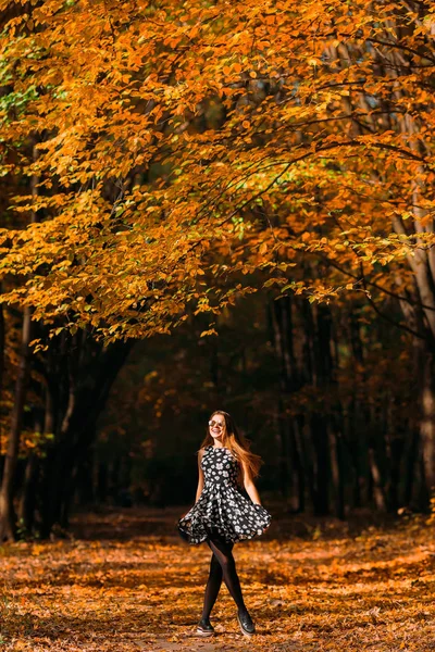 Happy Girl Nice Dress Spinning Flying Hair Smiling Background Yellow — Stock Photo, Image