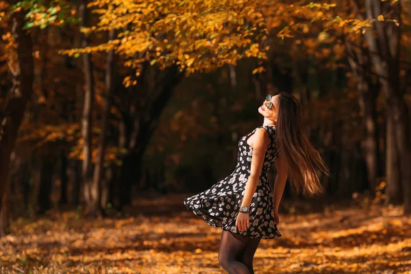 Beautiful Cheerful Girl Fantastic Dress Spinning Having Fun Autumn Park — Stock Photo, Image