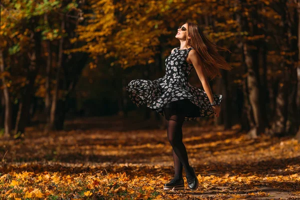 Happy Young Woman Sunglasses Dress Autumn Park Dancing Spinning Flying — Stock Photo, Image
