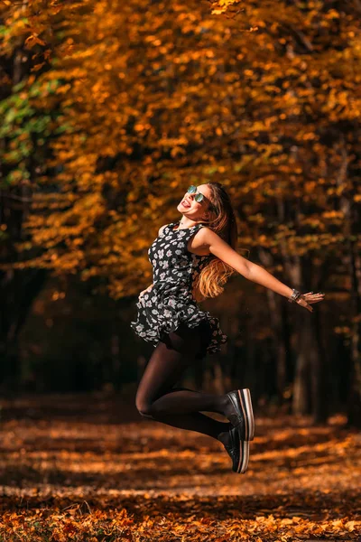 Young Happy Cheerful Woman Fantastic Dress Jumping Autumn Park Sunny — Stock Photo, Image