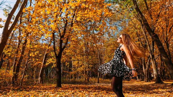 Cheerful Young Girl Long Hair Flying Gorgeous Dress Spinning Dancing — Stock Photo, Image