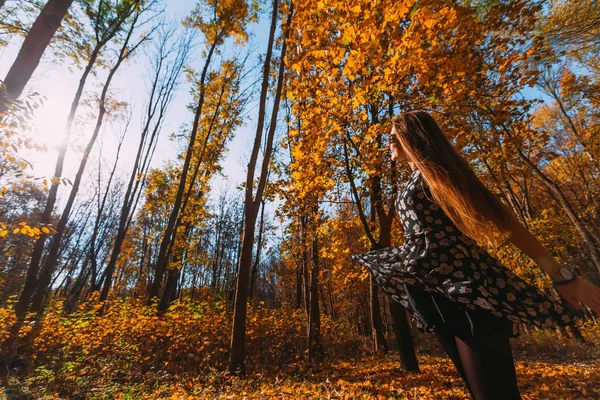 周りの回転と秋の公園で楽しいすてきなドレスで明るく可愛い女の子 モーションの写真 — ストック写真