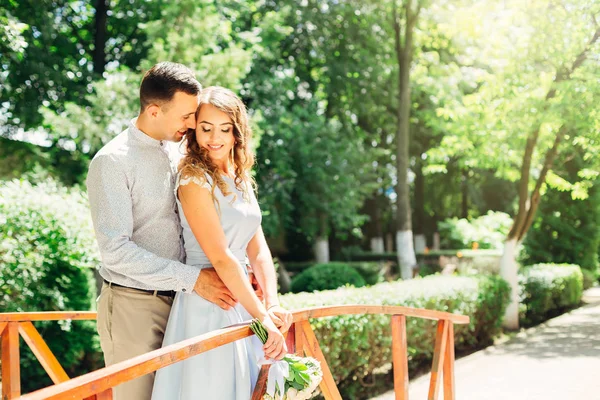 Guy Gently Hugs Her Girl Park Wooden Handrails Girl Dress — Stock Photo, Image