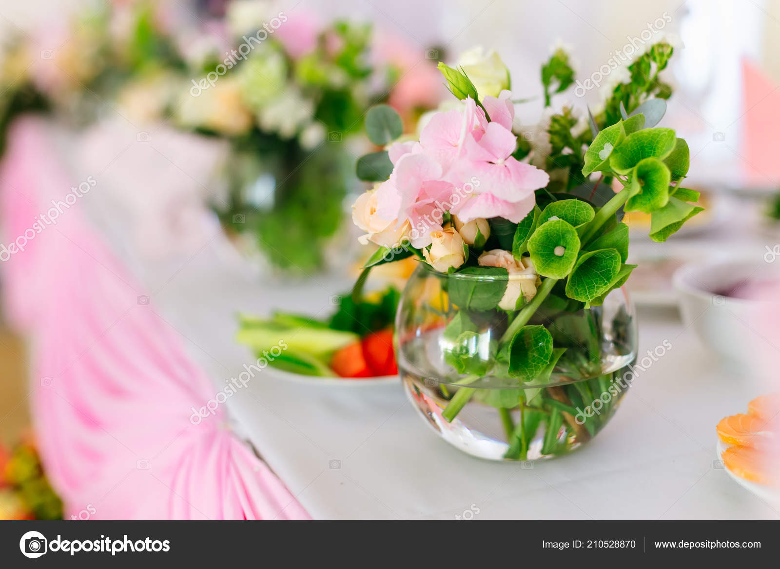 Transparent Vase Flower Arrangement Table White Tablecloth Stock