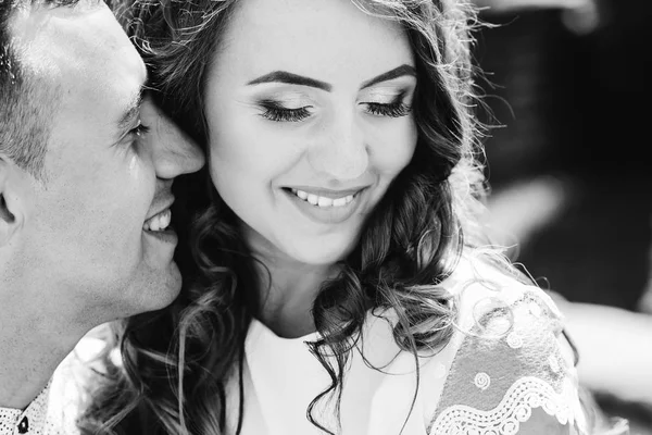 Close Faces Guy Girl Who Sincerely Smile Black White Photo — Stock Photo, Image