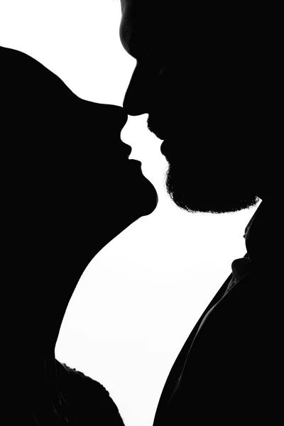 Close Silhouette Newlyweds Who Look Each Other White Background — Stock Photo, Image