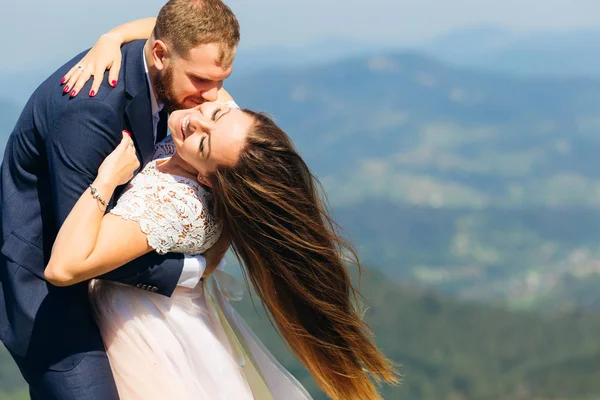 Sensual Hugs Newlyweds Cute Smiles Background Mountains Wind Blowing Her — Stock Photo, Image