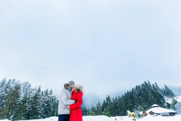 Guy Girl Warm Winter Clothes Want Kiss Background Winter Forest — Stock Photo, Image