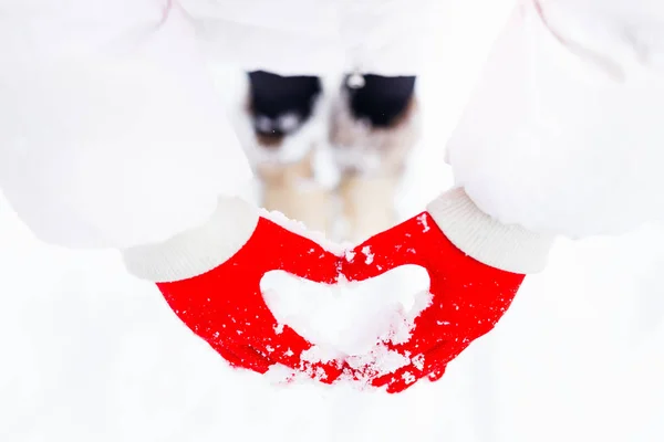 girl in stylish winter clothes. on the hands of the girl there are red gloves and she shows a sign of love