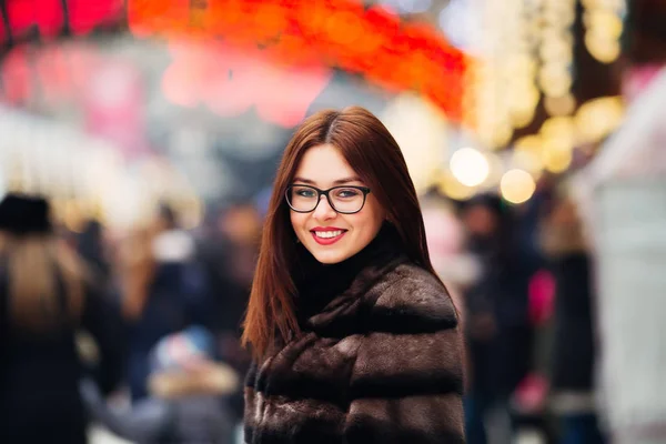 Cute Smile Beautiful Girl Eyeglasses Fur Coat Background Winter Fair — Stock Photo, Image