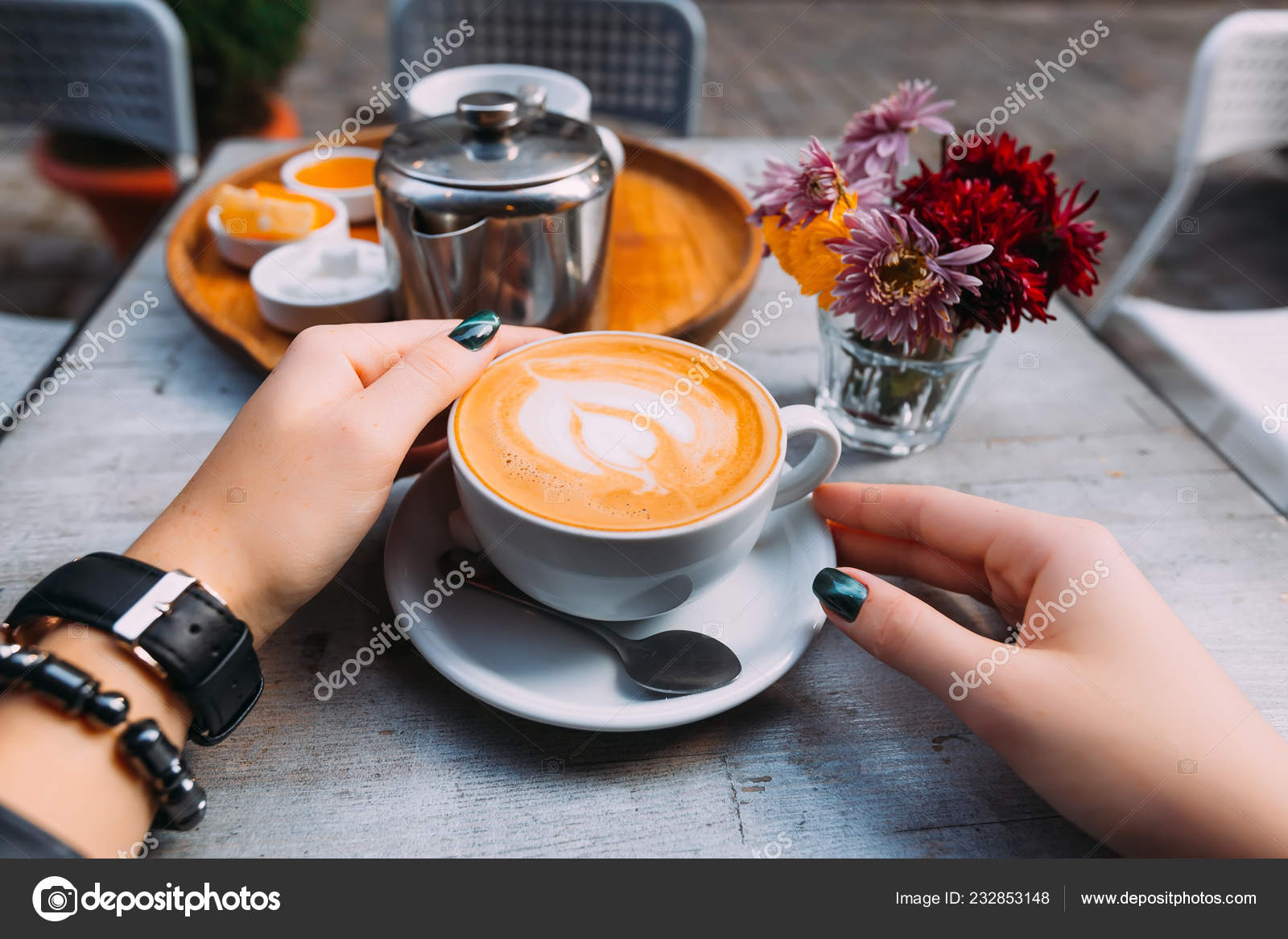 Girl's Hand Watch Bracelet Cup Coffee Foam Tray Accessories Tea Stock Photo  by ©ivankyryk 232853148