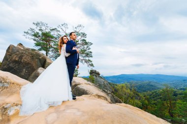 Gelin damat buzlu arka taraftan kucaklar. Onlar dağların manzarasına hayran