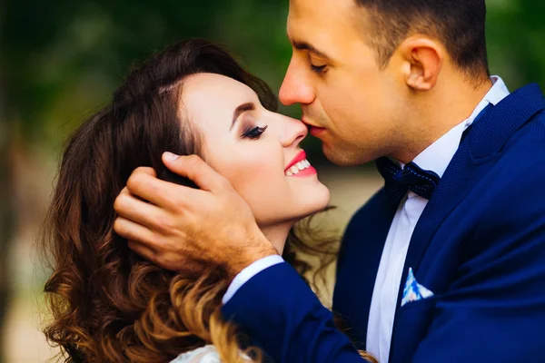 Close Groom Who Kisses Bride Her Nose — Stock Photo, Image