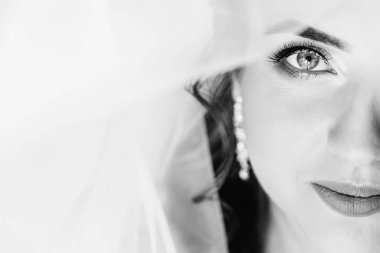 Gelinin yüzü makyajlı yüzü Close-up. Gelinin başında siyah ve beyaz fotoğraf gelin peçe