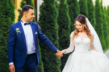 Yeni evliler şenlikli giysili ellerini ağaçlar arka plan üzerinde tutun.