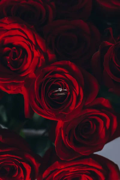 Rose Rouge Une Bague Dorée Avec Diamant — Photo