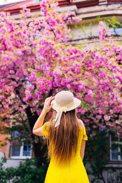 Flicka Klänning Och Hatt Står Tillbaka Till Kameran Och Hålla — Stockfoto