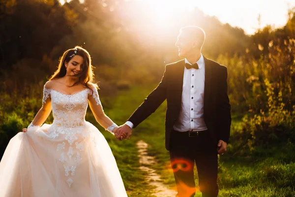 Νύφη και γαμπρός την ημέρα του γάμου περπατώντας στη φύση. Οι νιόπαντροι κρατάνε — Φωτογραφία Αρχείου