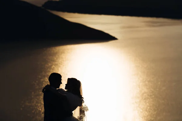 Os recém-casados abraçaram. luz solar e fundo embaçado — Fotografia de Stock