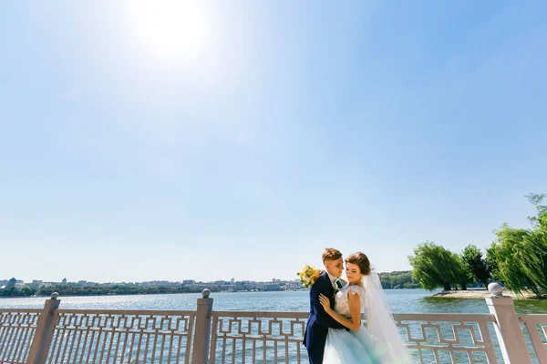 Abbracciare gli sposi novelli vicino al lago. bella vista sulla riva — Foto Stock