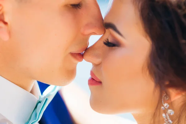 Close-up faces of newlyweds. the groom kisses the bride in her n — Stock Photo, Image