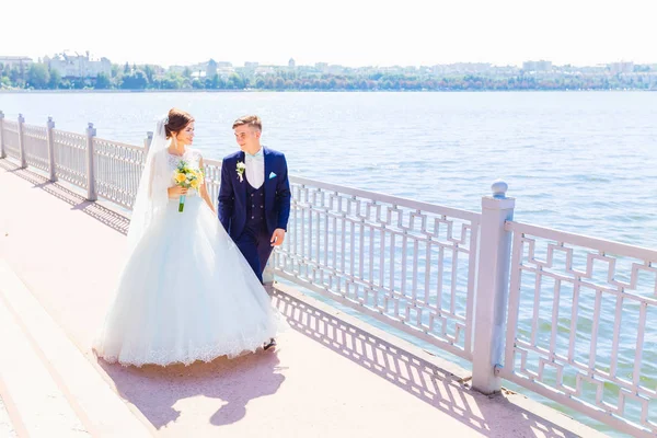 Novomanželé se drží za ruce a krájí blízko jezera. Nevěsta holdi — Stock fotografie