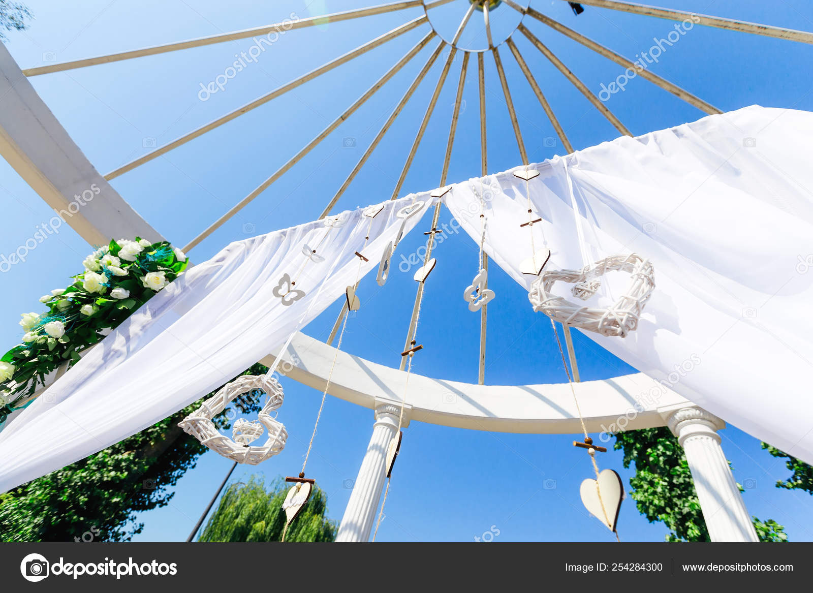 Arch For The Wedding Ceremony With Tulle And Decoration Ceiling