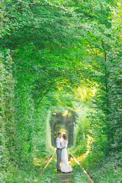 a tree tunnel and a railroad track. the couple in love stand fac