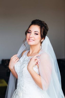 güzel gelin kameraya bakar ve gülümser. dantel elbise 