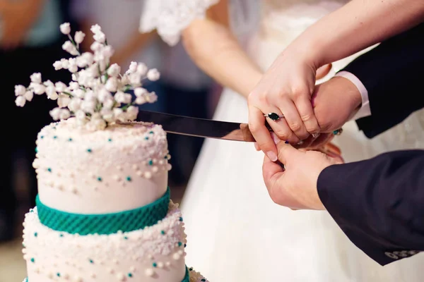 Молодожёны разрезали свадебный торт. Держите нож вместе и режьте ca — стоковое фото