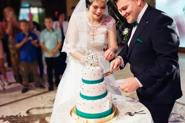 Οι νεόνυμφοι έκοψαν μια γαμήλια τούρτα στην αίθουσα του εστιατορίου. επισκέπτες σε t — Φωτογραφία Αρχείου