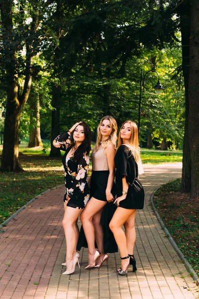 Retrato de estilo de vida de verano. Felices amigos en el parque mira a cam — Foto de Stock