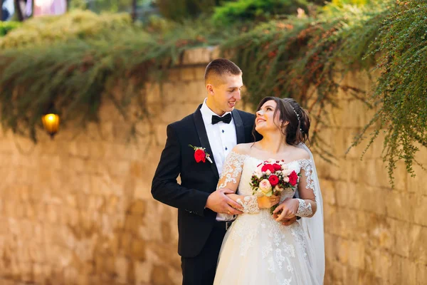 Bräutigam und Braut umarmen sich neben der Mauer. Hände von Frischvermählten — Stockfoto