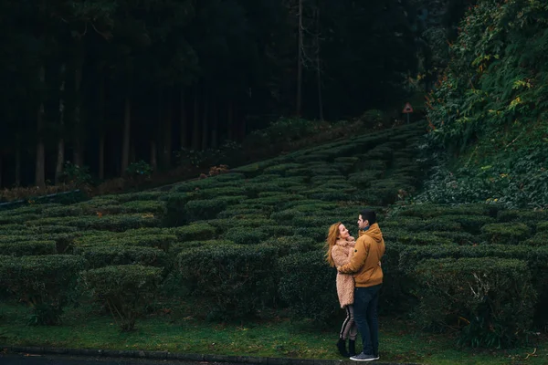 A couple in love in warm clothes hug in the park near the bushes