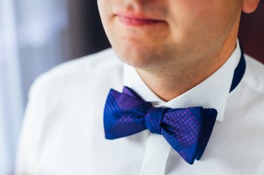 zarif mavi yay kravat ile damat. kapatın. yüzün alt yarısı.