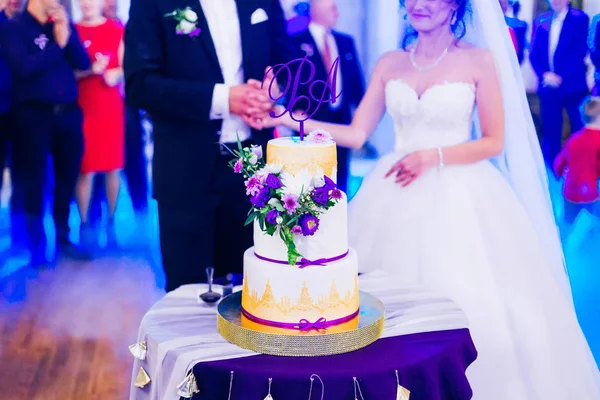 O yeni evli eller tutun ve düğün pastası bakmak. misafirler — Stok fotoğraf