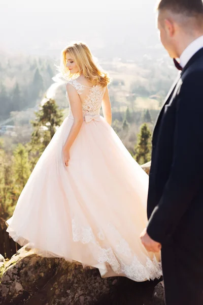 Rückansicht der Braut in einem luxuriösen Kleid mit Spitze und Schleife. p — Stockfoto