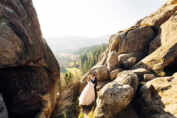 新婚夫妇在俯瞰高山的悬崖上接吻。概念 — 图库照片