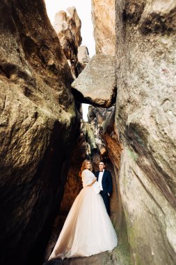 Lüks elbiseli gelin kameraya ve damada bakar.