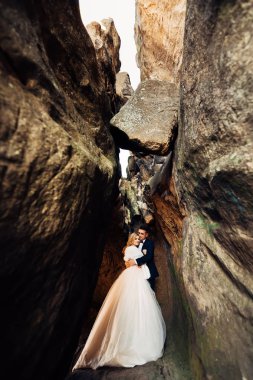 Gelin güzel elbiseli ve damat ona çok güzel bir şekilde sarılıyor.