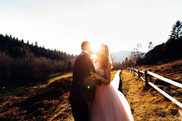 Braut und Bräutigam umarmen und küssen sich und dazwischen die Sonne — Stockfoto