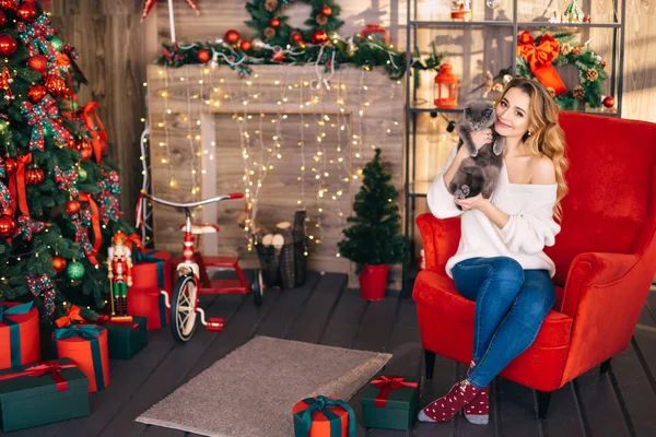 Chica sentada en una silla y abrazando a un gato cerca de la Navidad tre — Foto de Stock