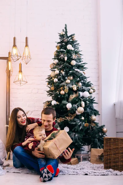 Famille dans des vêtements identiques assis près de l'arbre de Noël. élégant — Photo